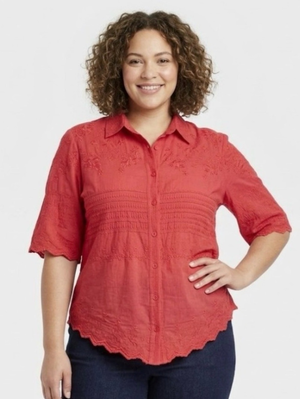 Solitaire Women's 1X Coral Button Front Embroidered Shirt Bohemian Cotton